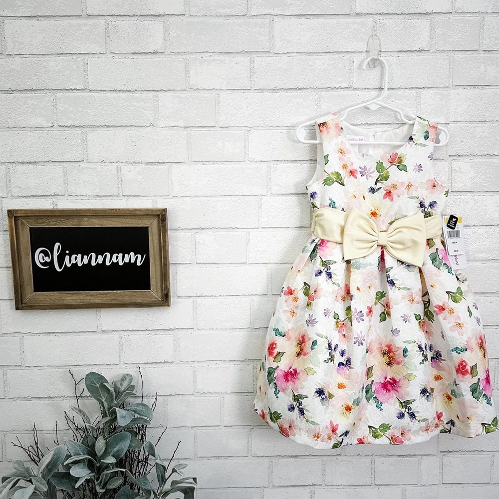 BONNIE JEAN Girls White Floral Sleeveless Bow Dress